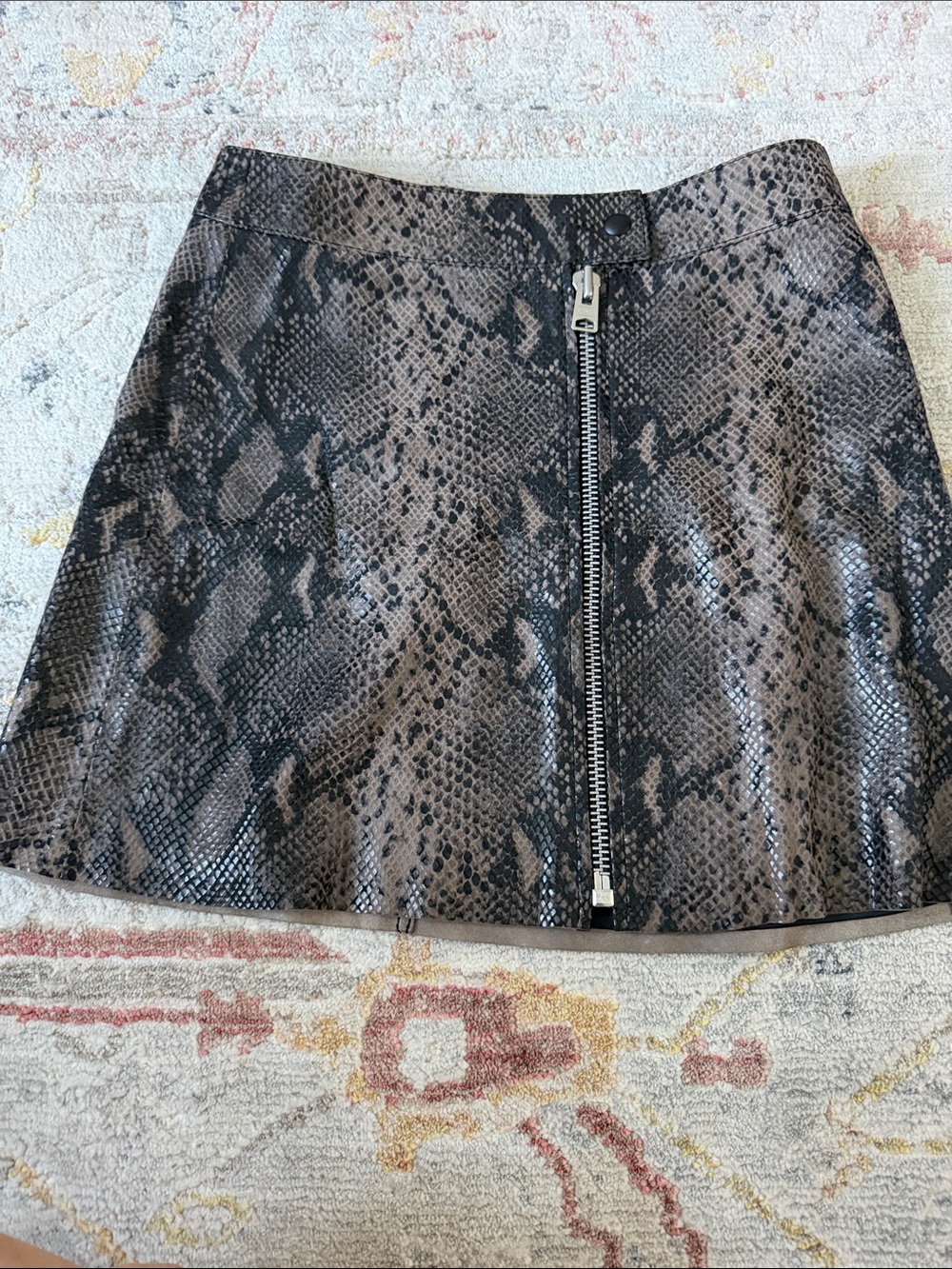 AllSaints Brown Snake-Print Faux Leather Mini Skirt with Front Zip
